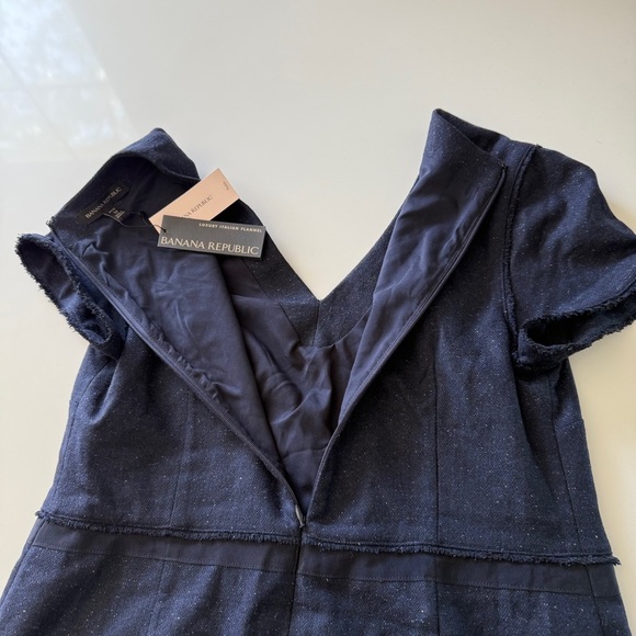 Banana Republic-Navy Blue-Wool Blend-Tweed-Speckled-Fringe-NWT-Sheath Dress-12 P - Picture 2 of 16